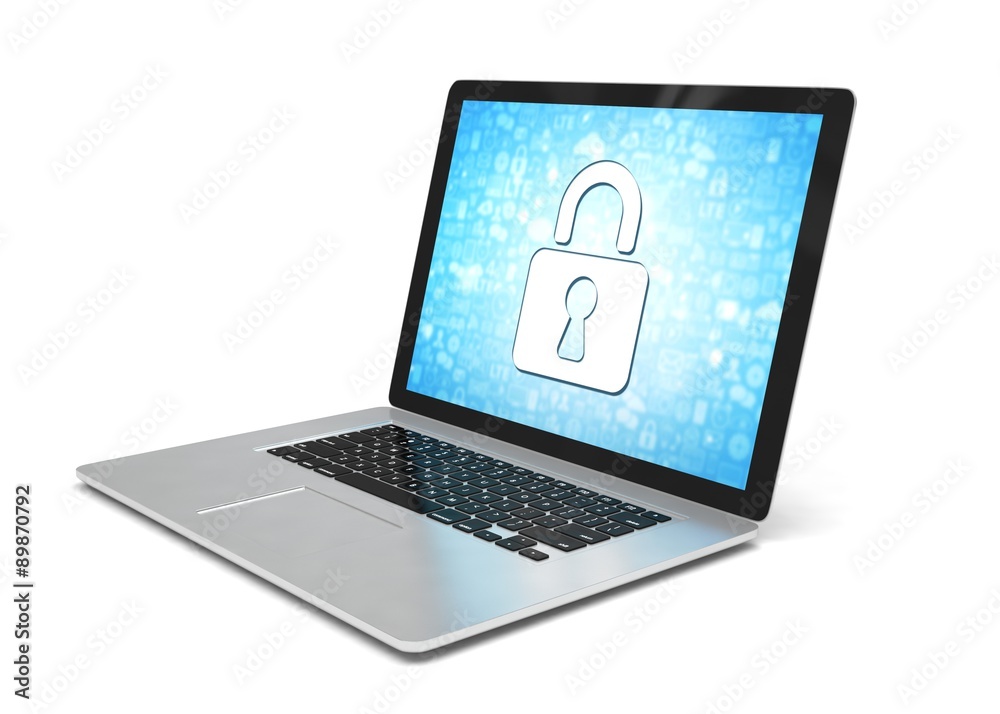 3d rendering of a laptop with security concept 3d rendering of a laptop with security concept