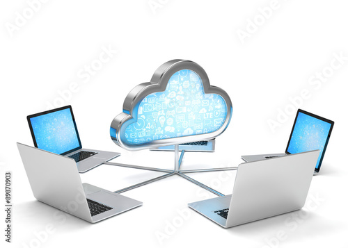 3d cloud symbol and laptops