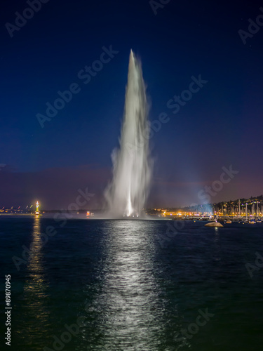 Dramatic night view of the Geneva water jet