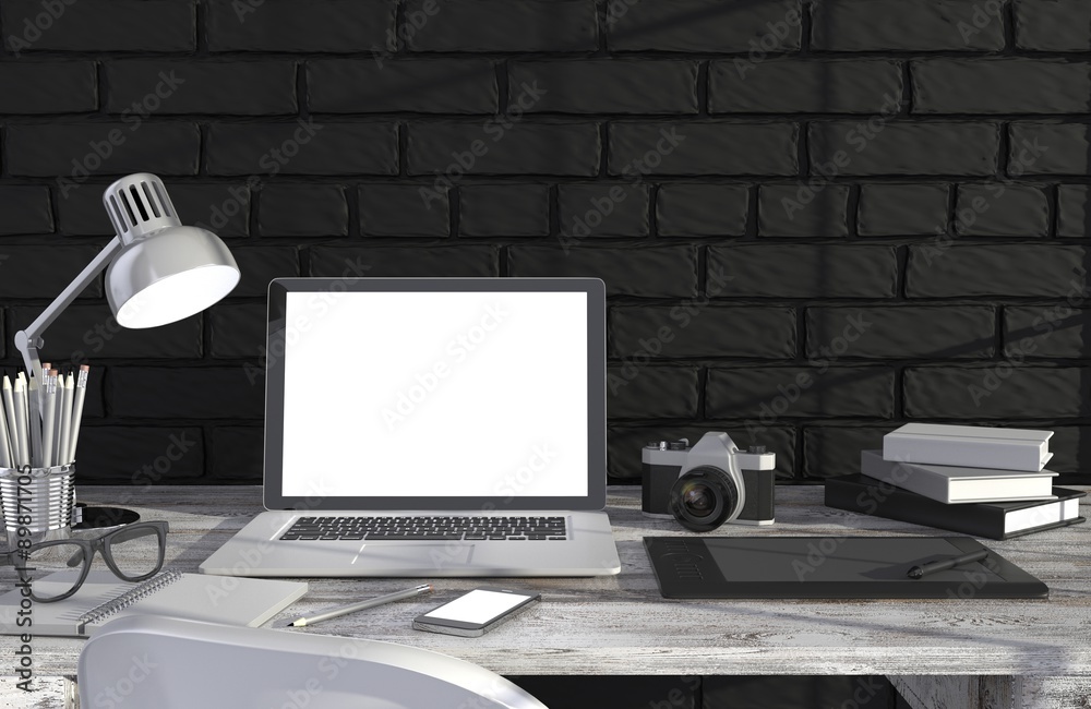 Fototapeta premium 3D illustration laptopand work stuff on table near brick wall