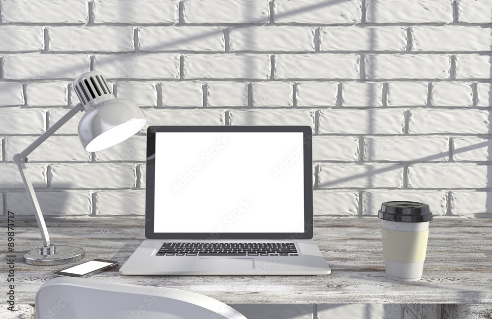 3D illustration laptopand work stuff on table near brick wall 3D illustration laptopand work stuff on table near brick wall