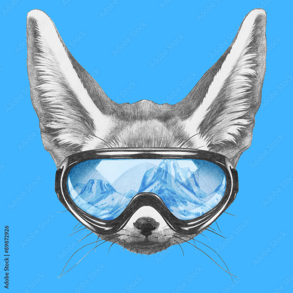 Portrait of Fennec Fox with ski goggles. Hand drawn illustration.