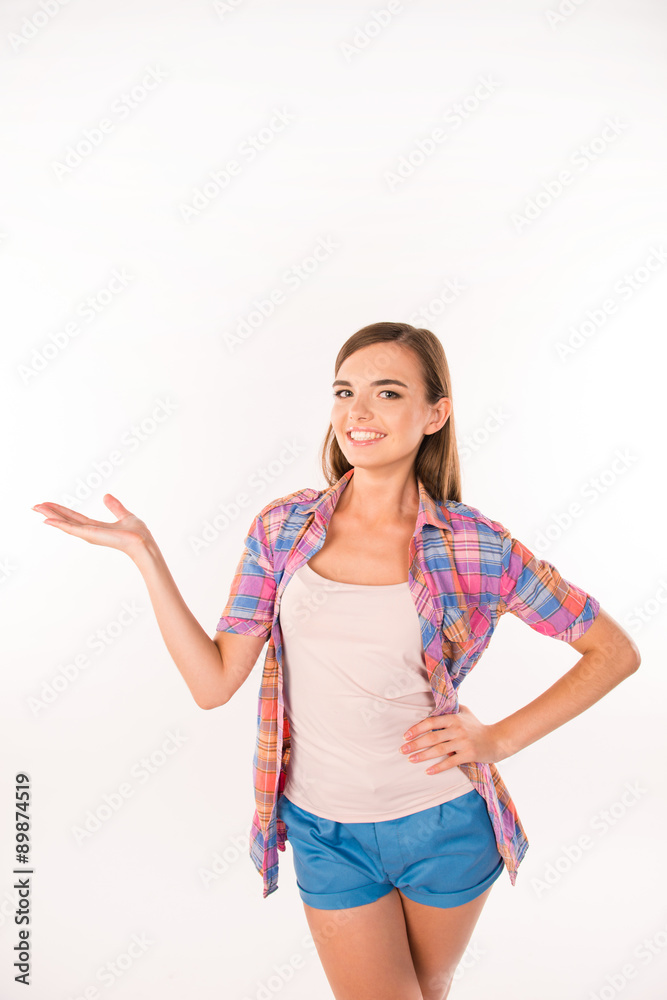 Happy  girl showing something