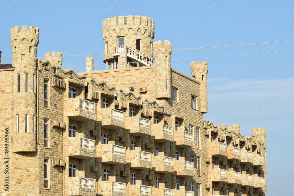 The hotel in form of  lock revetted with the Dagestan stone