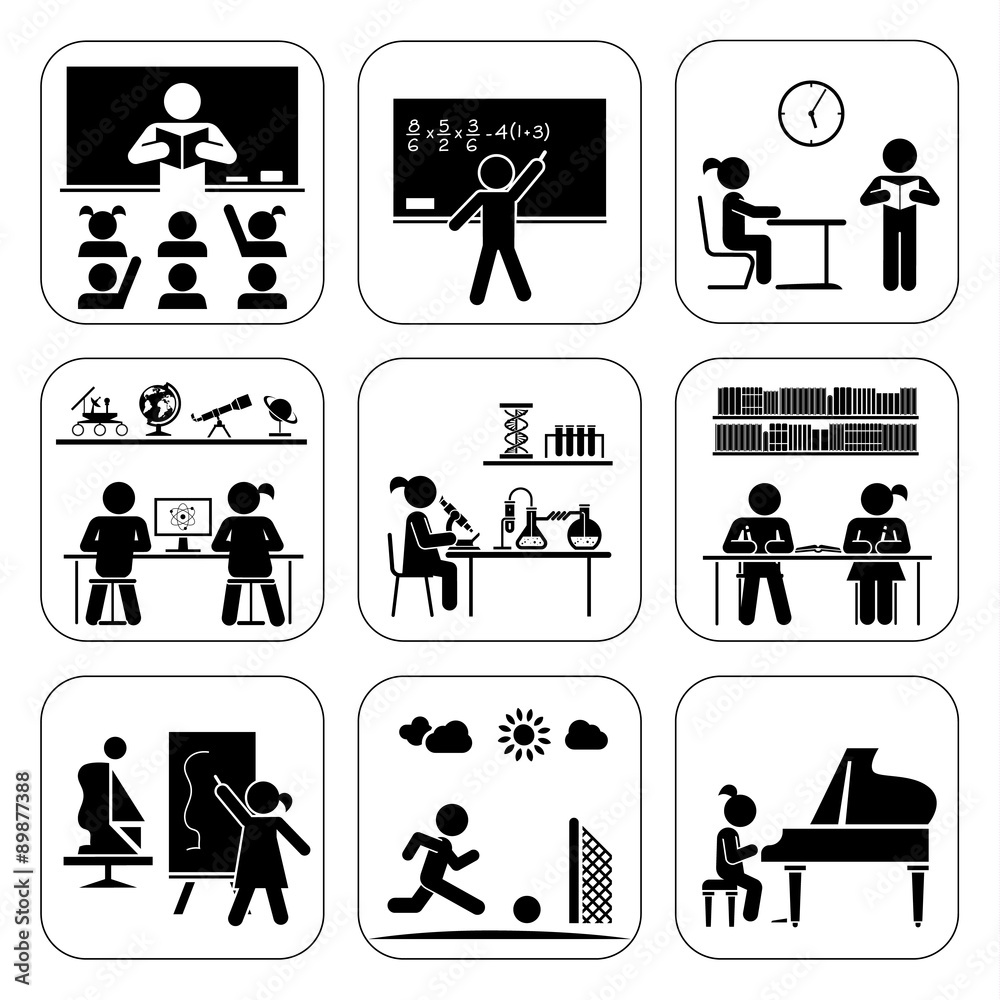 Pictogram icon set. School days. Children in school attending classes.  Doing maths, chemistry, art, playing piano, learning, doing sports. vector  de Stock | Adobe Stock