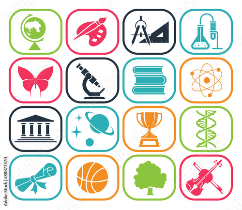 Collection of icons presenting different school subjects, science, art, history, geography, chemistry, maths, music, sports. Vector illustration. Pictogram icon set. School days.