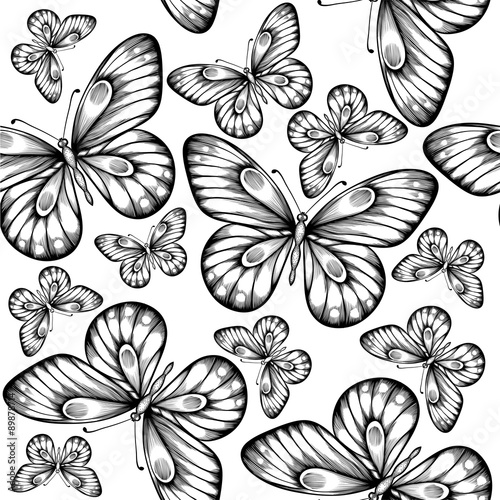 Beautiful seamless background of butterflies black and white colors.