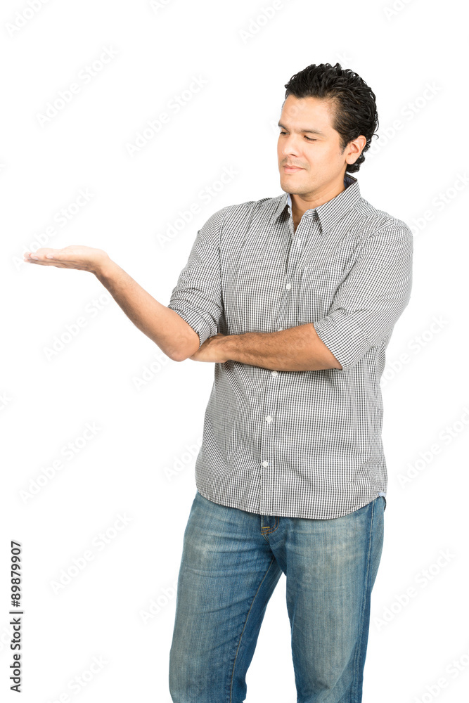 Looking At Hand Latino Man Displaying Product V Looking At Hand Latino Man Displaying Product V