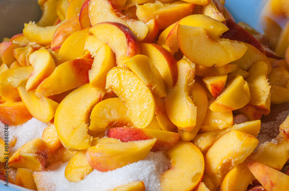Ripe peach  fruit slice with juice. Cooking jam or marmalade