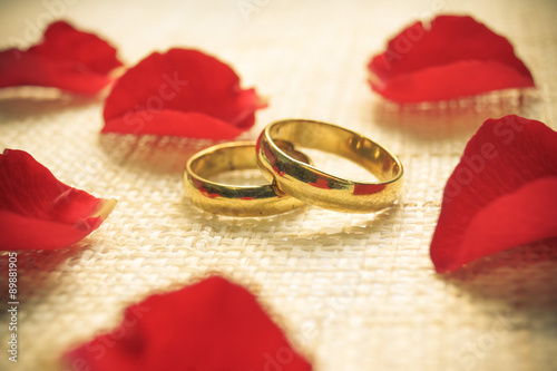 two engagement rings on cloth texture with red rose petal