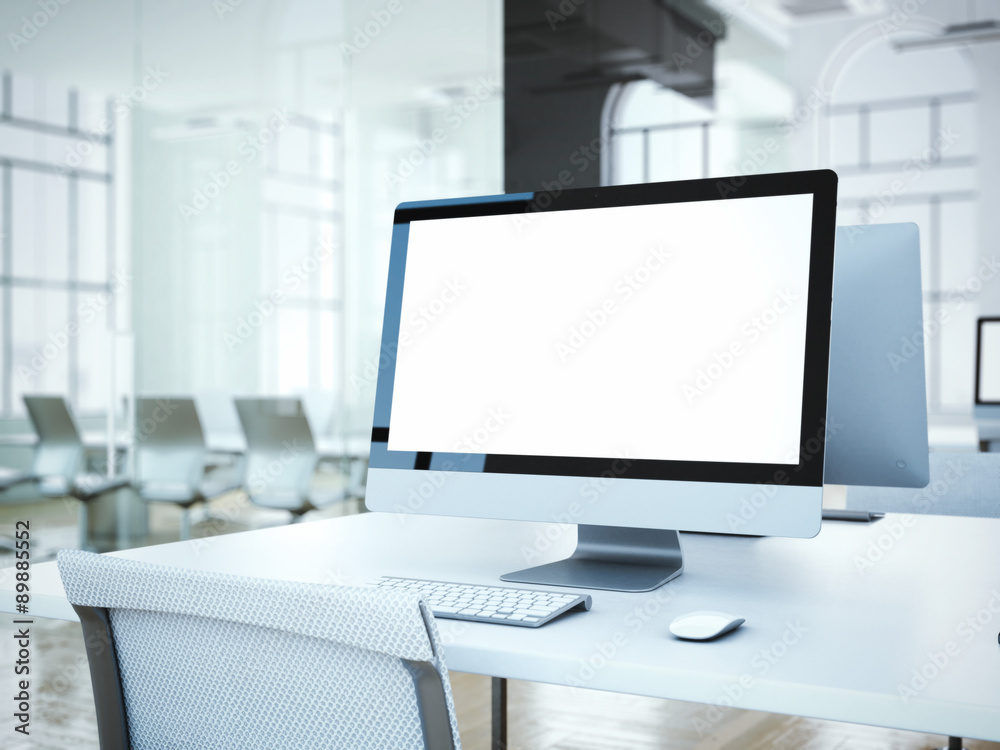 Blank computer screen with white chair. 3d rendering Blank computer screen with white chair. 3d rendering