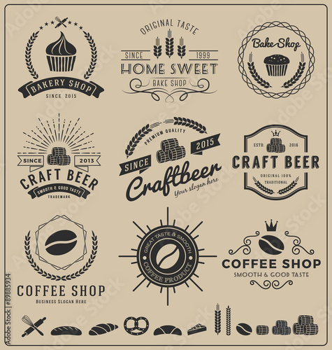 Sets of bake shop, craft beer, coffee shop logo and insignia for branding, label, product packaging, letterpress and other design || Vector illustration and free font used