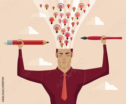 Businessman holding a pencil and a pen light eruption brain.