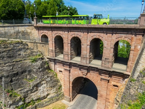 Bridge "Pont du Chateau" and tourist train "Petrusse Express", Luxembourg