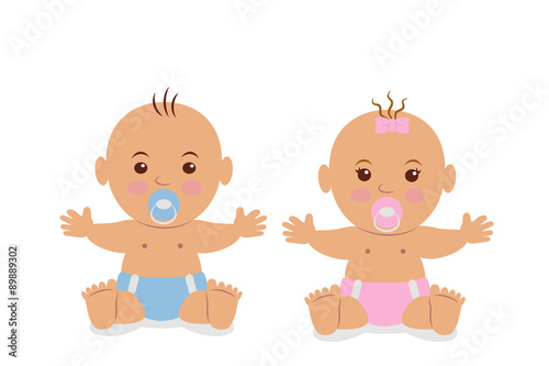 Two cute baby in diapers with a pacifier