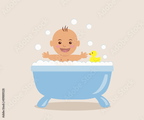 Baby bathing in the bath with foam