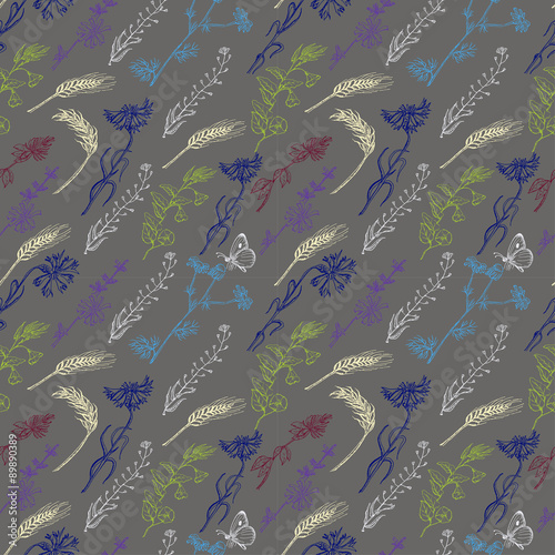 Seamless pattern with wild plants on a gray background