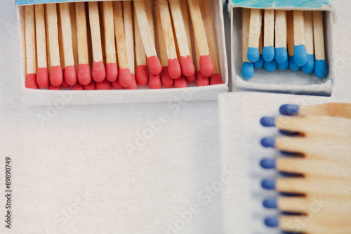 Wooden colorful matchsticks in the boxes. copy space