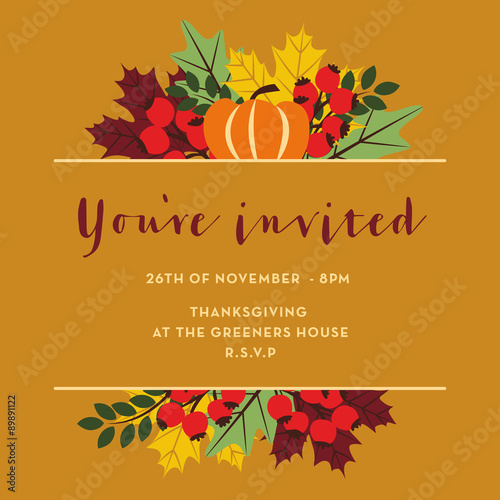 Thanksgiving invitation card with brown banner. Vector design.