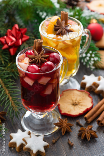 Christmas beverages, biscuits and spices, vertical, top view