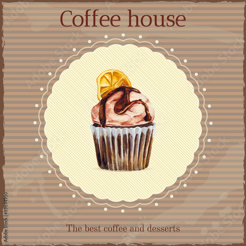 Watercolor coffee house advertisement with cupcake illustration