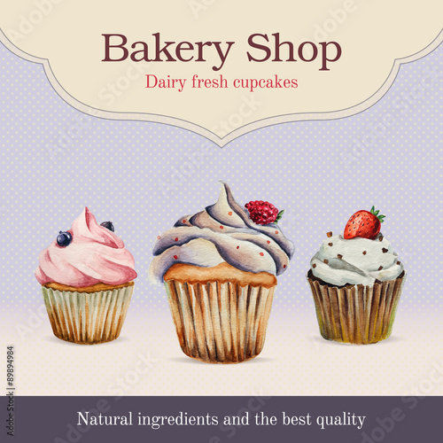 Watercolor bakery shop advertisement with cupcake illustration