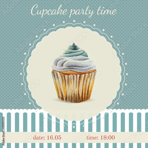 Invitation template with watercolor cupcakes illustration