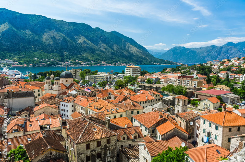 Top view on Kotor city and bay