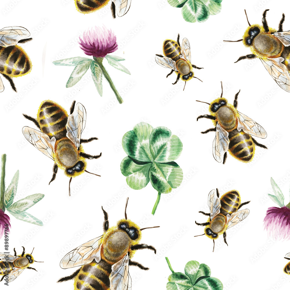 Watercolor bee and clover pattern Illustration Stock | Adobe Stock