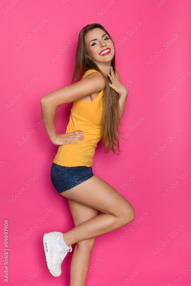 Carefree Woman On Pink Background Carefree Woman On Pink Background