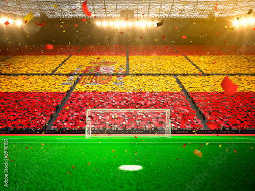 Flag Spain of fans! Evening stadium arena soccer field championship win! Confetti and tinsel   © Anna Stakhiv