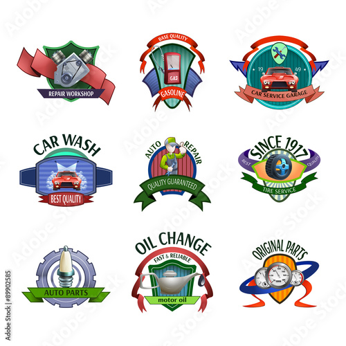 Auto mechanic service emblems set