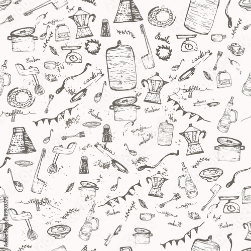 Vector seamless vintage pattern doodle kitchen and cooking