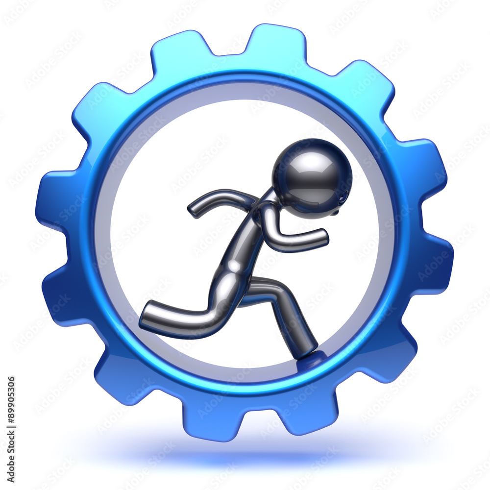 Business man gear wheel character cartoon guy running run inside rotate cogwheel stylized human hamster person worker blue gearwheel business career employment concept. 3d render isolated on white Business man gear wheel character cartoon guy running run inside rotate cogwheel stylized human hamster person worker blue gearwheel business career employment concept. 3d render isolated on white