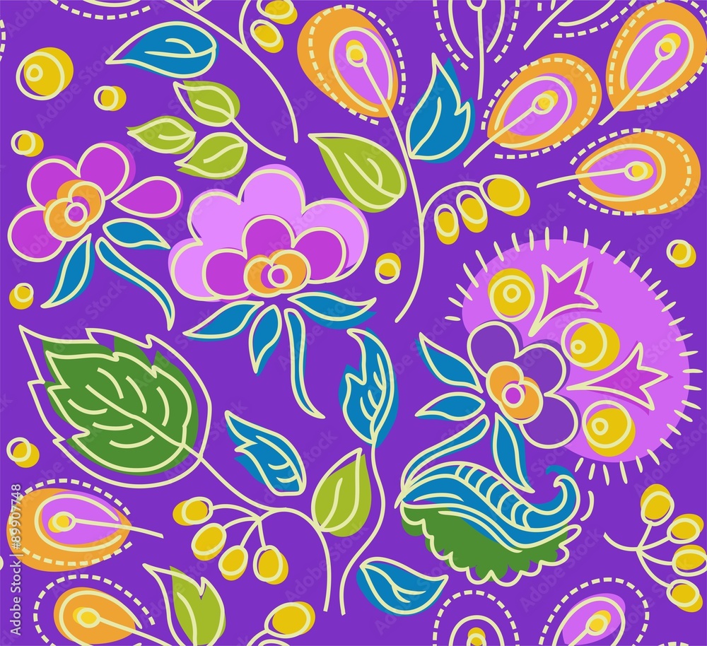Seamless violet pattern of flowers, yellow berries and orange seeds. 