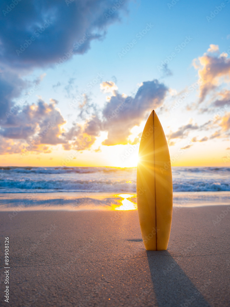 Photography Poster Surfboard on the beach at sunset | Wall Art