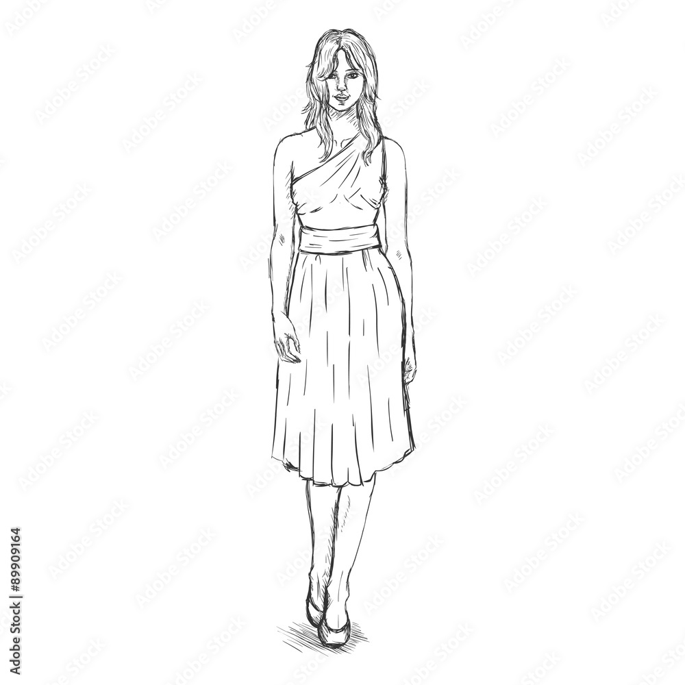 Vector Sketch Fashion Female Model in Dress Vector Sketch Fashion Female Model in Dress