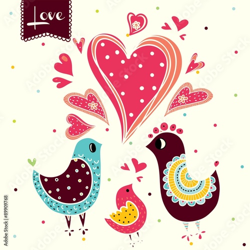Template greeting card with birds. Vector illustration.