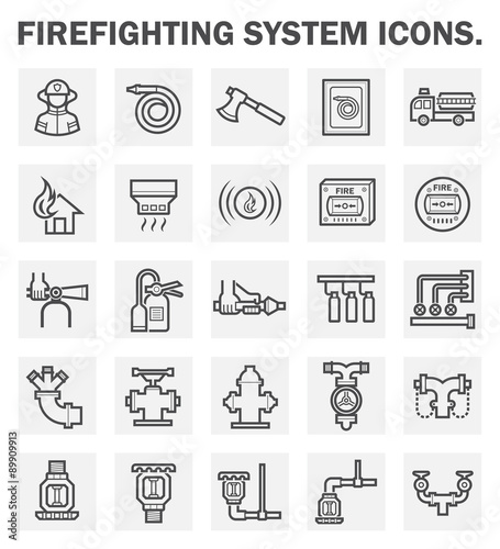 Firefighting system, equipment vector icon i.e. alarm, sprinkler, hose, extinguisher, firefighter or fireman for emergency, rescue, fire suppression by water, chemical. To safety, protection building.