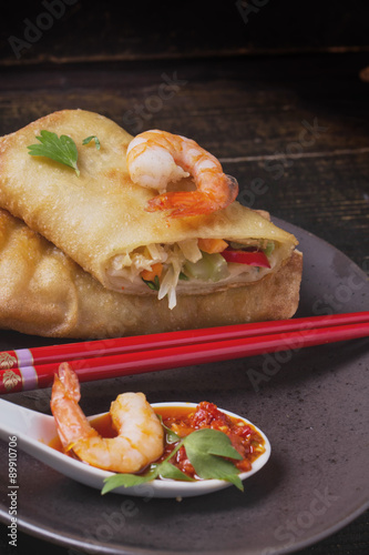 Fried spring rolls with shrimps, bok choi, chili pepper and hot