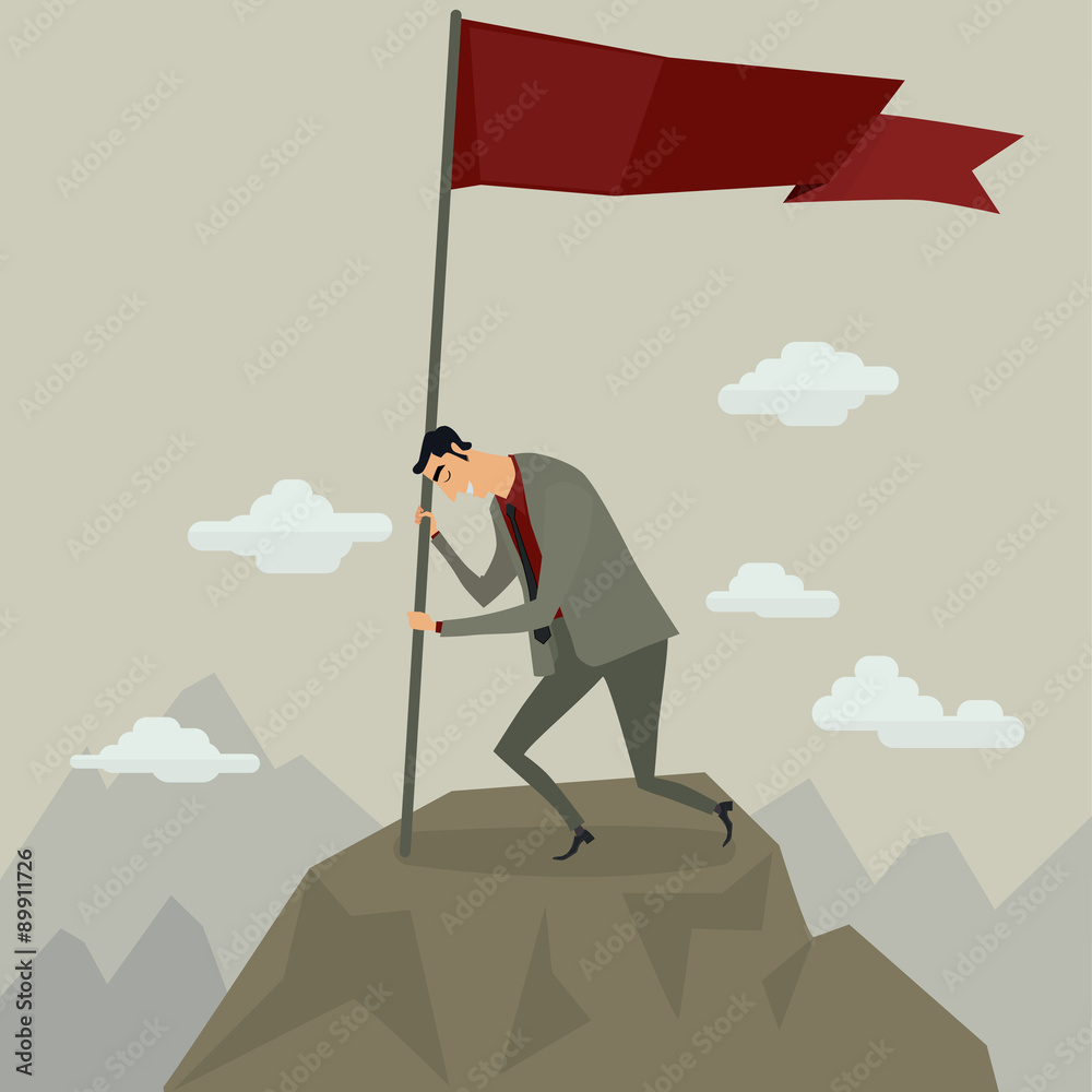 Businessman holding flag on top of mountain after a successful of and challenging ascent, vector illustration.