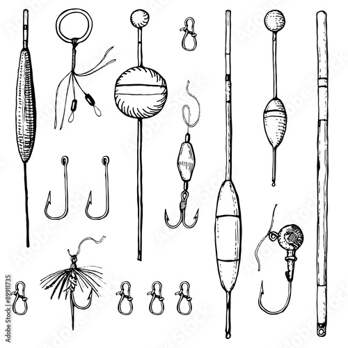 Vector hand drawn set of fising accessories photo