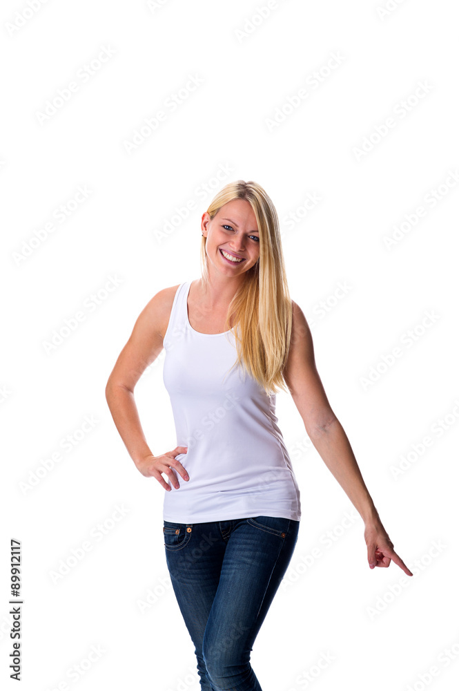 Blondine zeigt nach rechts Blondine zeigt nach rechts