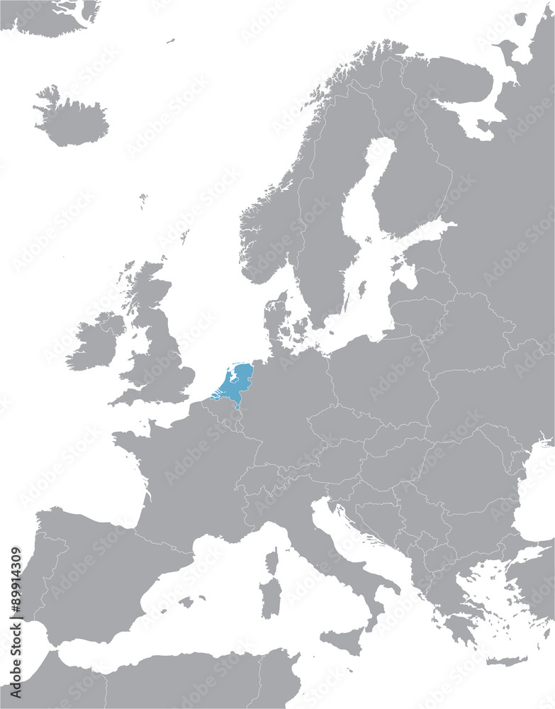 grey Europe vector map with indication of Netherlands