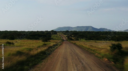 High speed moving on the road in savanna safari in Serengeti. Tanzania. Africa. Travel tourism adventure in wild animal nature.