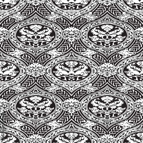 Vector seamless floral antique pattern with interlacing ribbons