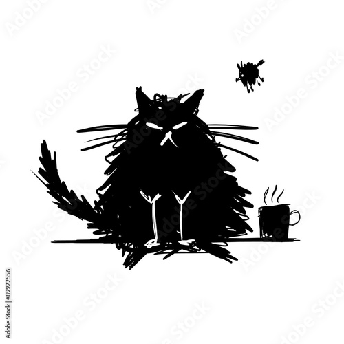 Funny cat black silhouette. Sketch for your design