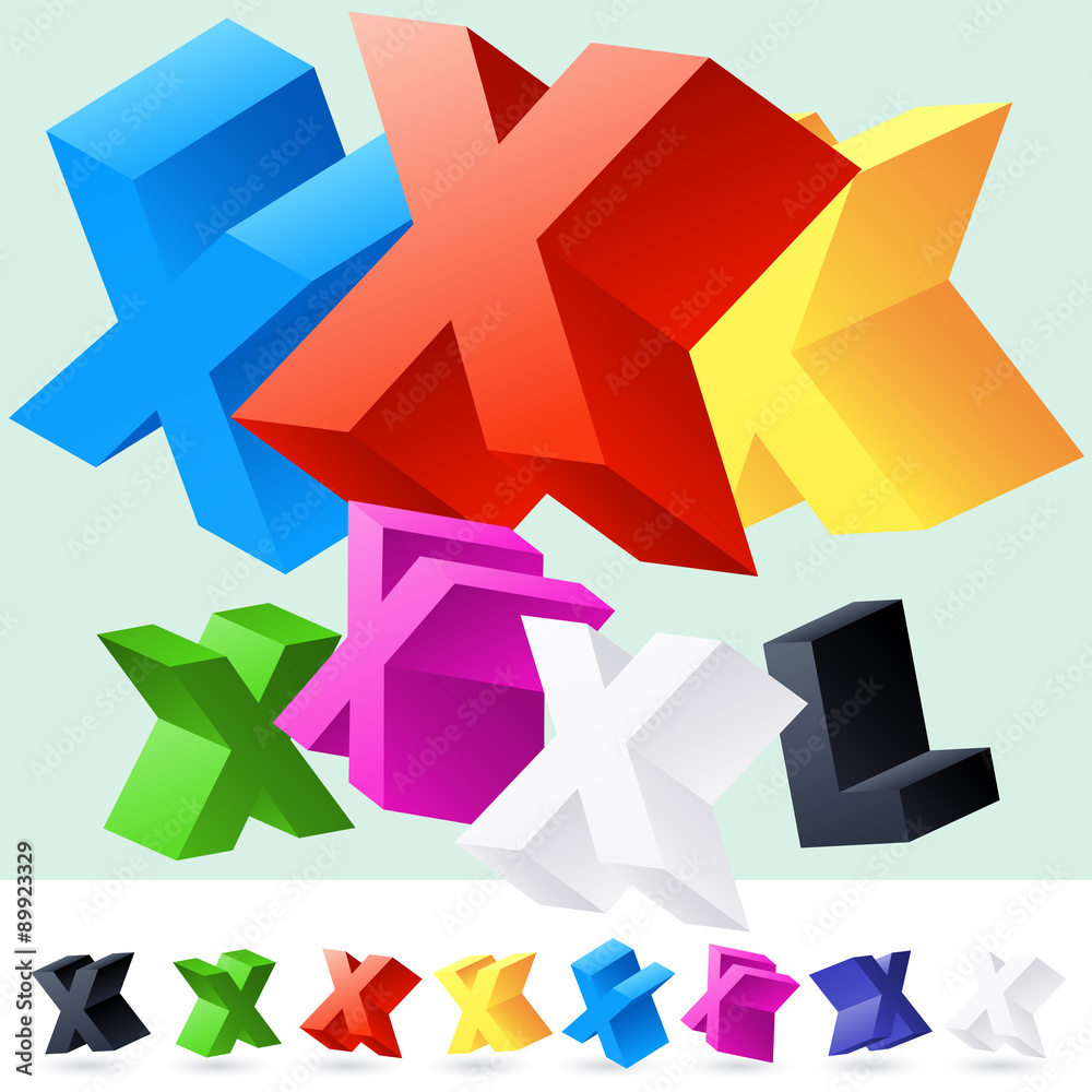 Vector 3D font of randomly rotated colourful letters. All letters in alphabet have 8 random points of view. Letter X Vector 3D font of randomly rotated colourful letters. All letters in alphabet have 8 random points of view. Letter X