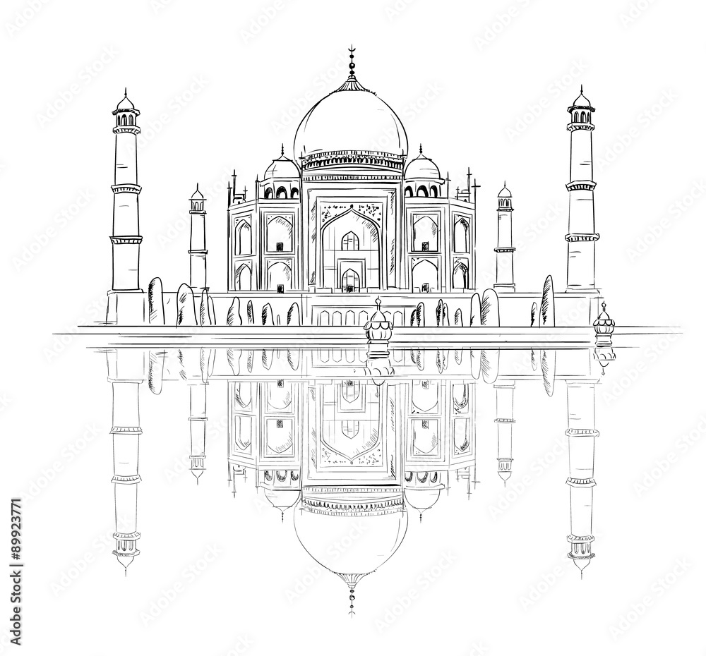 Hand drawn Taj Mahal with reflection