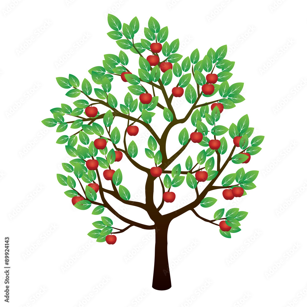 Tree, Green Leafs and Red Apples. Vector Illustration.